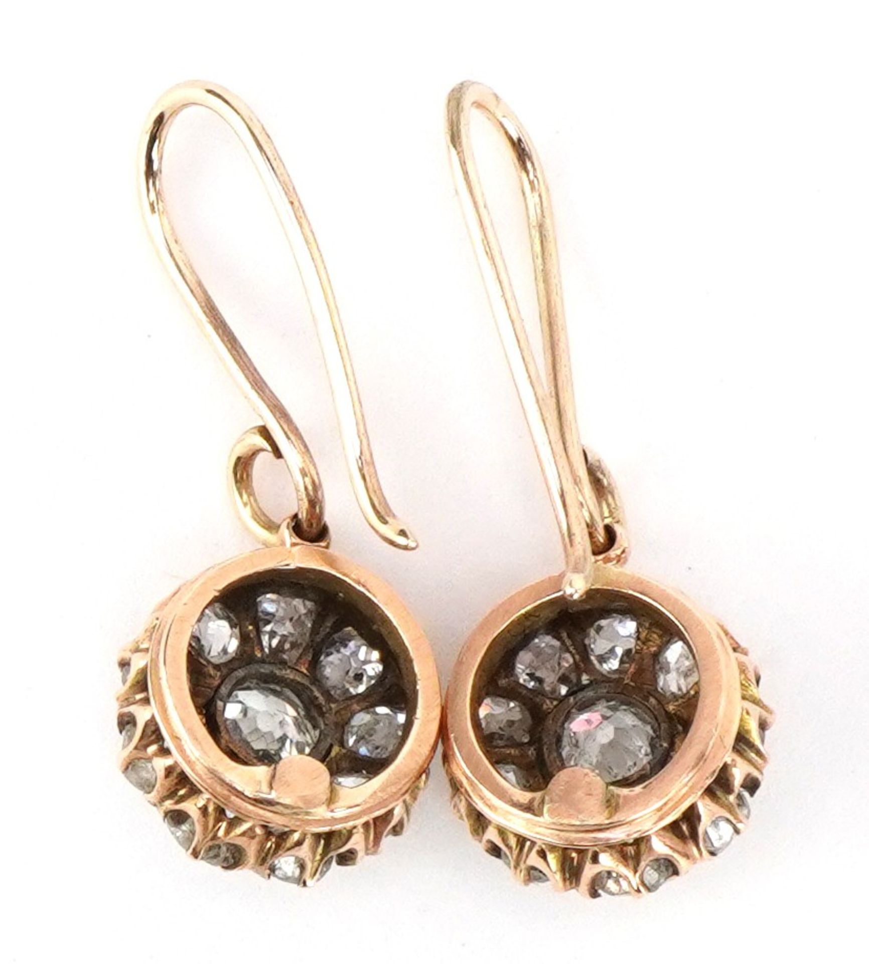 Pair of unmarked gold diamond cluster drop earrings, each centre diamond approximately 0.30 carat, - Image 2 of 2
