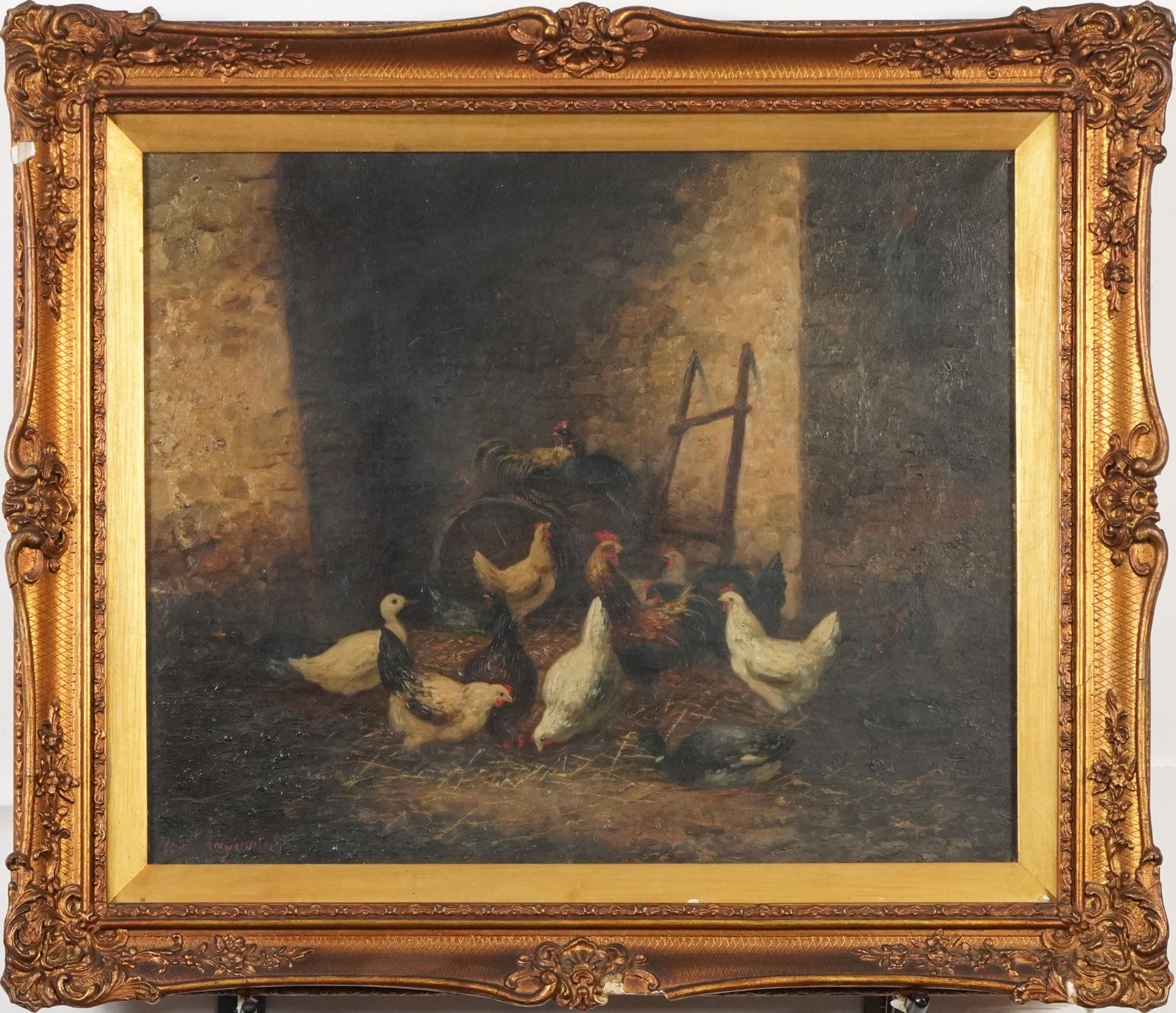Noel Raymond - Poultry in a barn, oil, framed and glazed, 44cm x 36cm excluding the mount and - Image 2 of 4