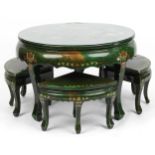 Nest of five Chinese green lacquered coffee and occasional tables hand painted with birds amongst