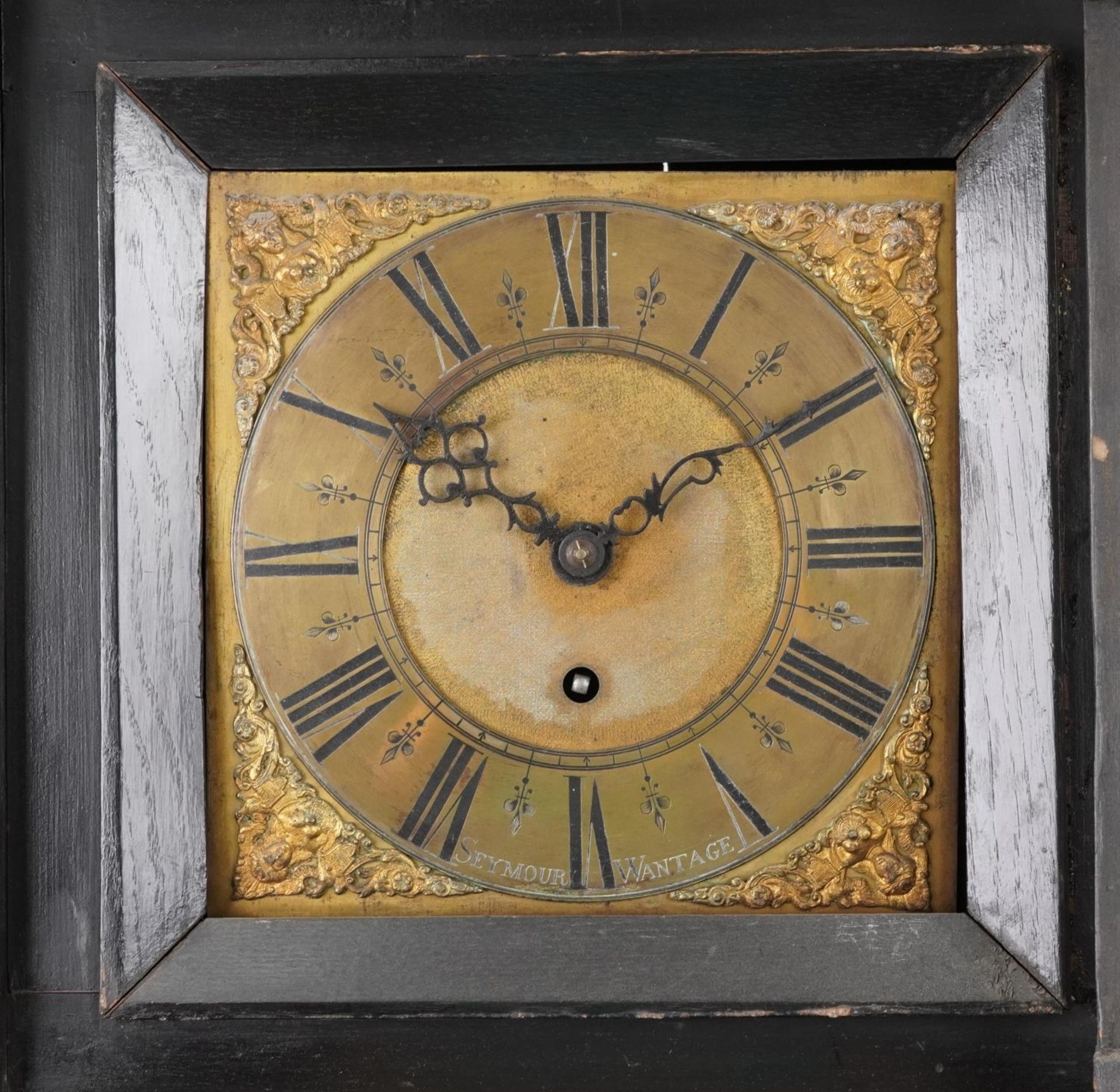 19th century inlaid oak cased grandfather clock with brass dial having Roman numerals, engraved - Image 2 of 6