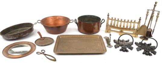 Antique and later metalware including copper preserve pans, Victorian cast iron wall pockets and