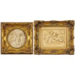 Two classical marble style plaques decorated in relief with Putti housed in gilt frames, the largest