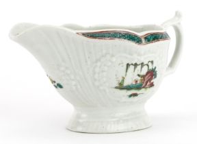 18th century Worcester strap and fluted sauceboat, circa 1758, hand painted in the chinoiserie