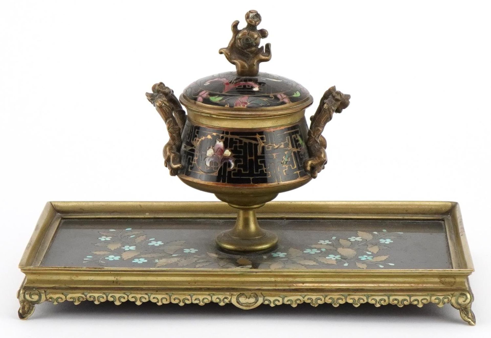 19th century ornate brass pietra dura and cloisonne desk inkwell with glass liner finely inlaid - Image 2 of 8