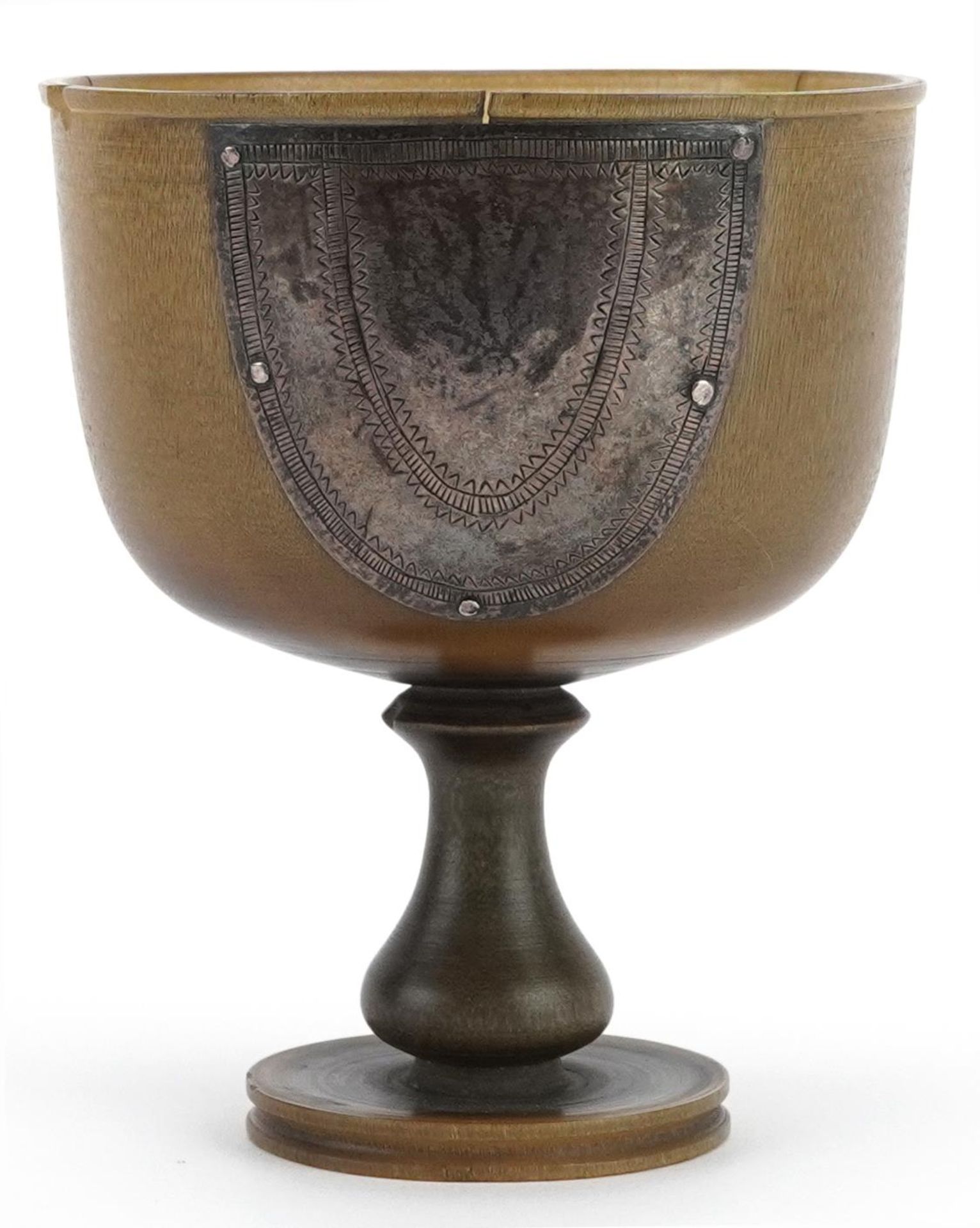 Antique horn chalice with unmarked silver mount, possibly rhinoceros, 10cm high : For further