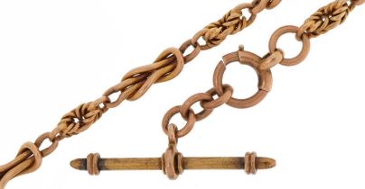 Victorian 9ct rose gold knotted link watch chain with T bar and dog clip, 30cm in length, 18.4g :