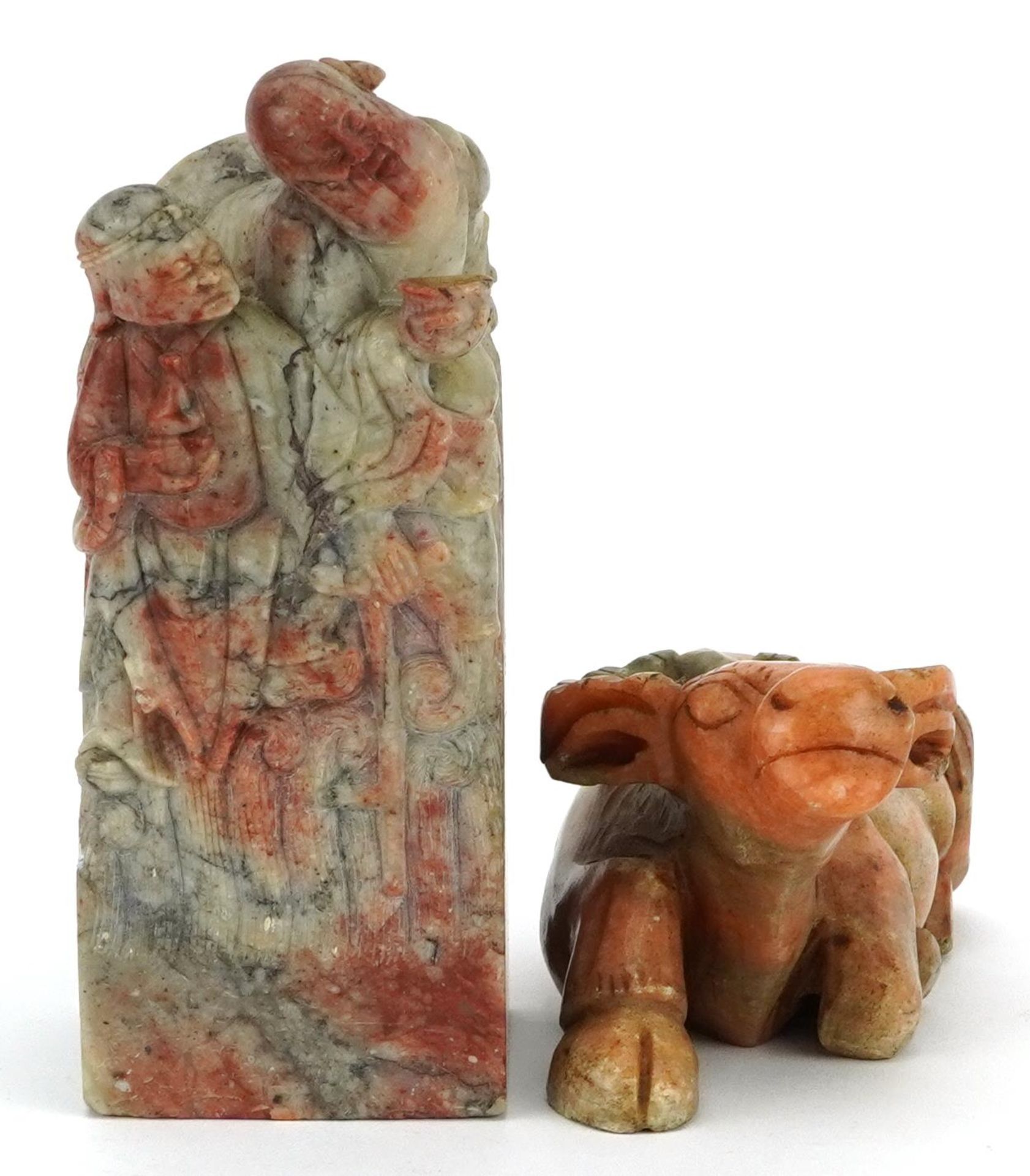 Chinese soapstone carvings including a large square seal carved with two elders, the largest 15cm - Bild 2 aus 7