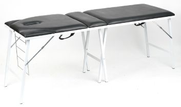 Travelling folding massage table with black leatherette upholstery, 74cm H x 185cm W x 62cm D :
