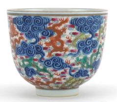 Chinese doucai porcelain tea bowl hand painted with dragons amongst clouds, six figure character