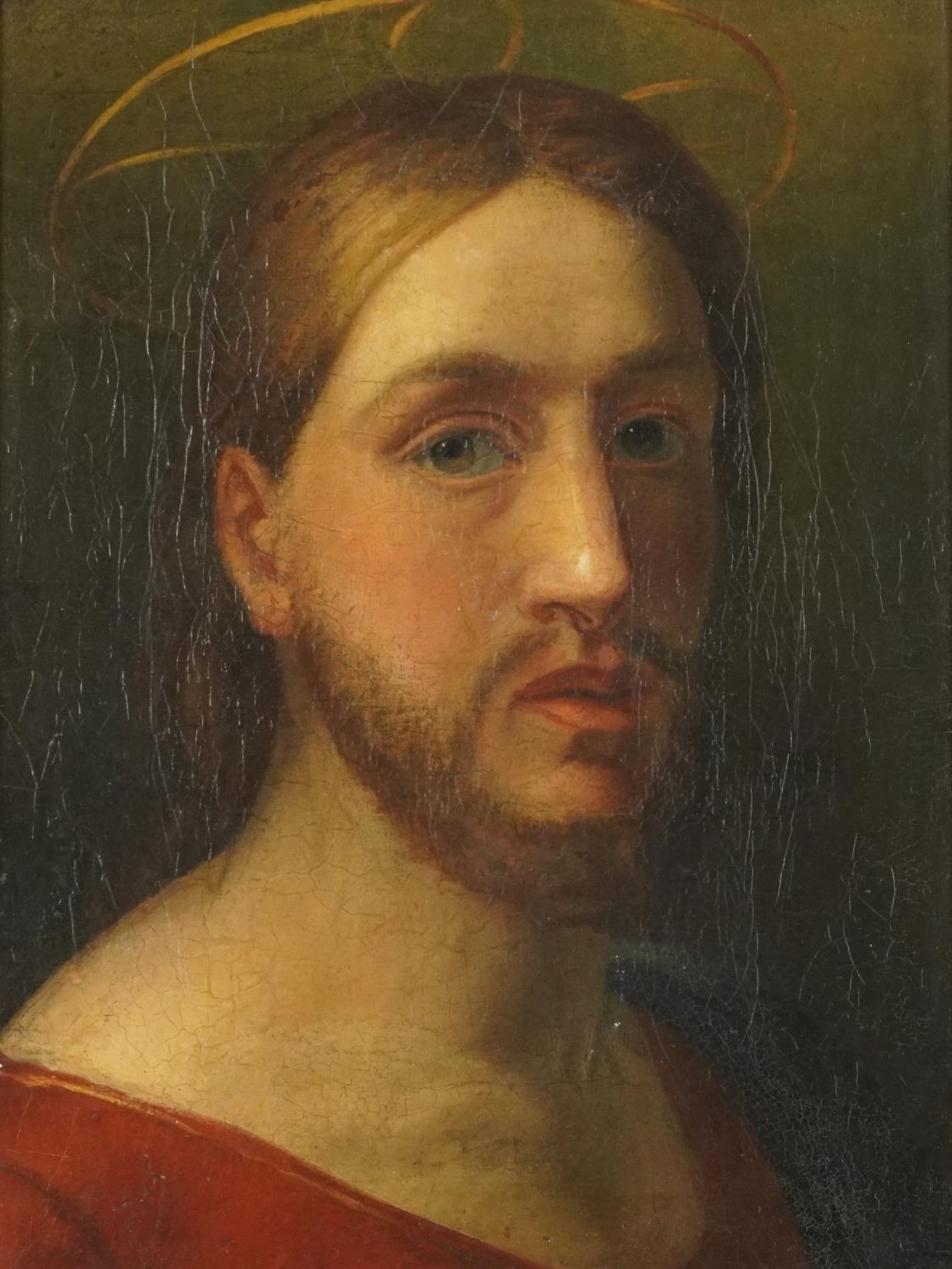 Portrait of Christ, antique Old Master oil on canvas, mounted, unframed, 38.5cm x 29cm excluding the