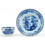 Chinese blue and white porcelain plate and tea bowl hand painted with a river landscape, the largest