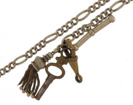 Victorian white metal watch chain with tassel, T bar and watch key, 30cm in length, 17.0g : For