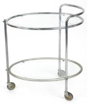 Art Deco chrome plated and glass two tier oval trolley, 73cm H x 47cm W x 67cm D : For further