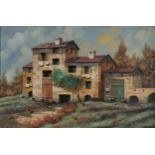 Guido Borelli - Continental building with chickens, Italian Impressionist oil on canvas, framed,