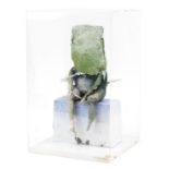 Brutalist studio pottery sculpture of a surreal nude frog housed under a glazed Perspex display