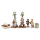 19th century continental porcelain including a pair of figural candlesticks, Dresden pot and cover