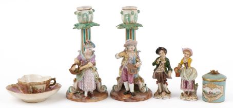 19th century continental porcelain including a pair of figural candlesticks, Dresden pot and cover