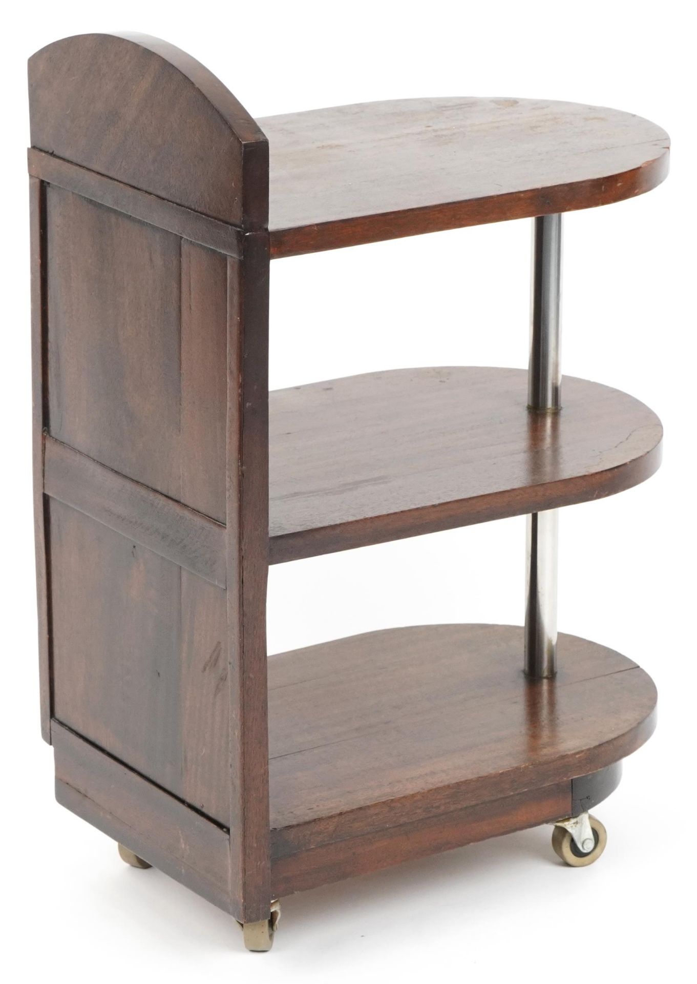 Art Deco mahogany three tier nightstand with chromed supports, 66cm H x 30cm W x 43cm D : For - Image 2 of 3