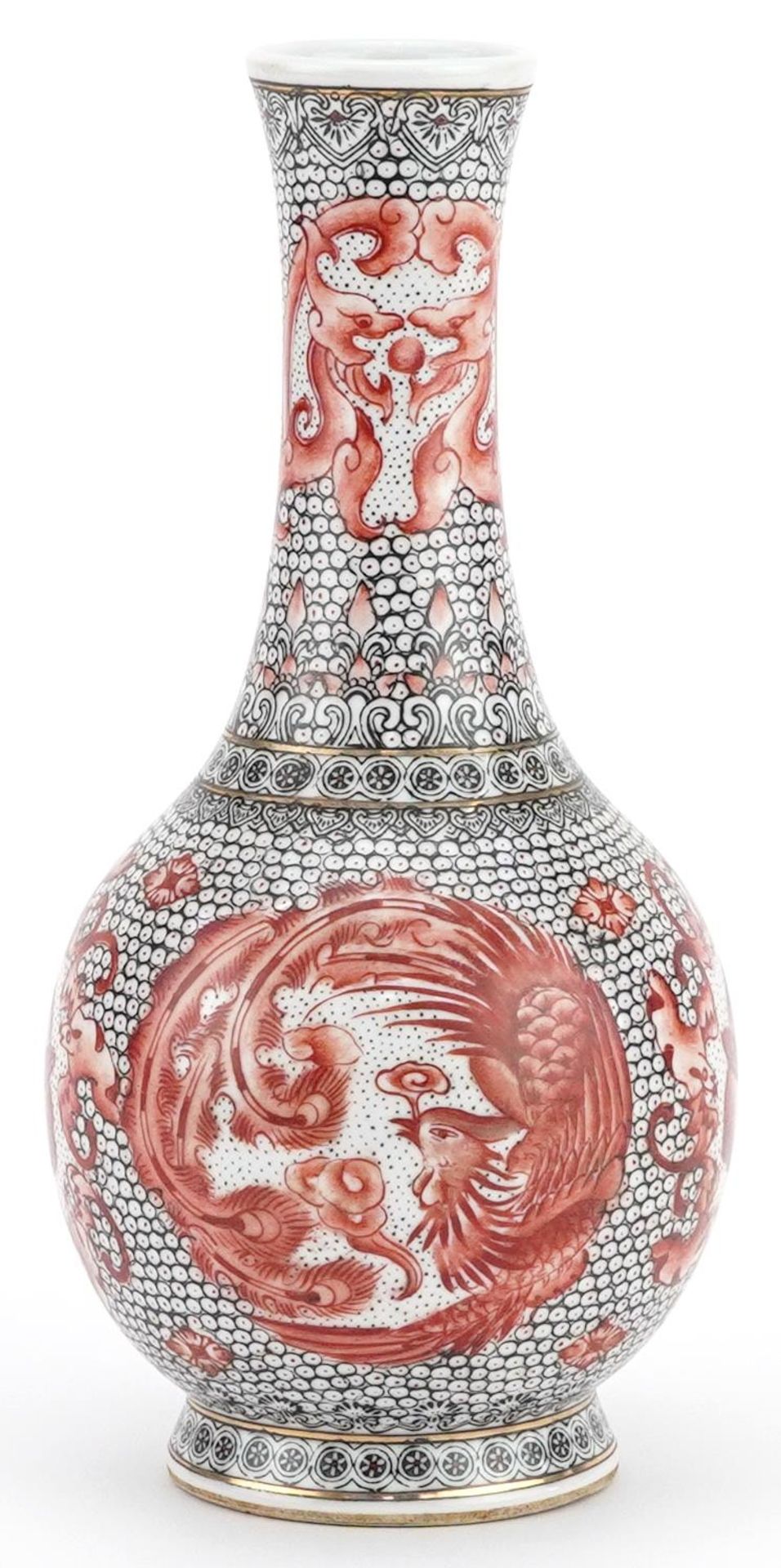 Chinese porcelain vase hand painted in iron red with roundels of a phoenix and dragons, six figure - Image 3 of 7
