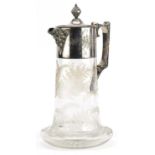 Hukin & Heath, Victorian aesthetic glass claret jug engraved and etched with leaves having silver