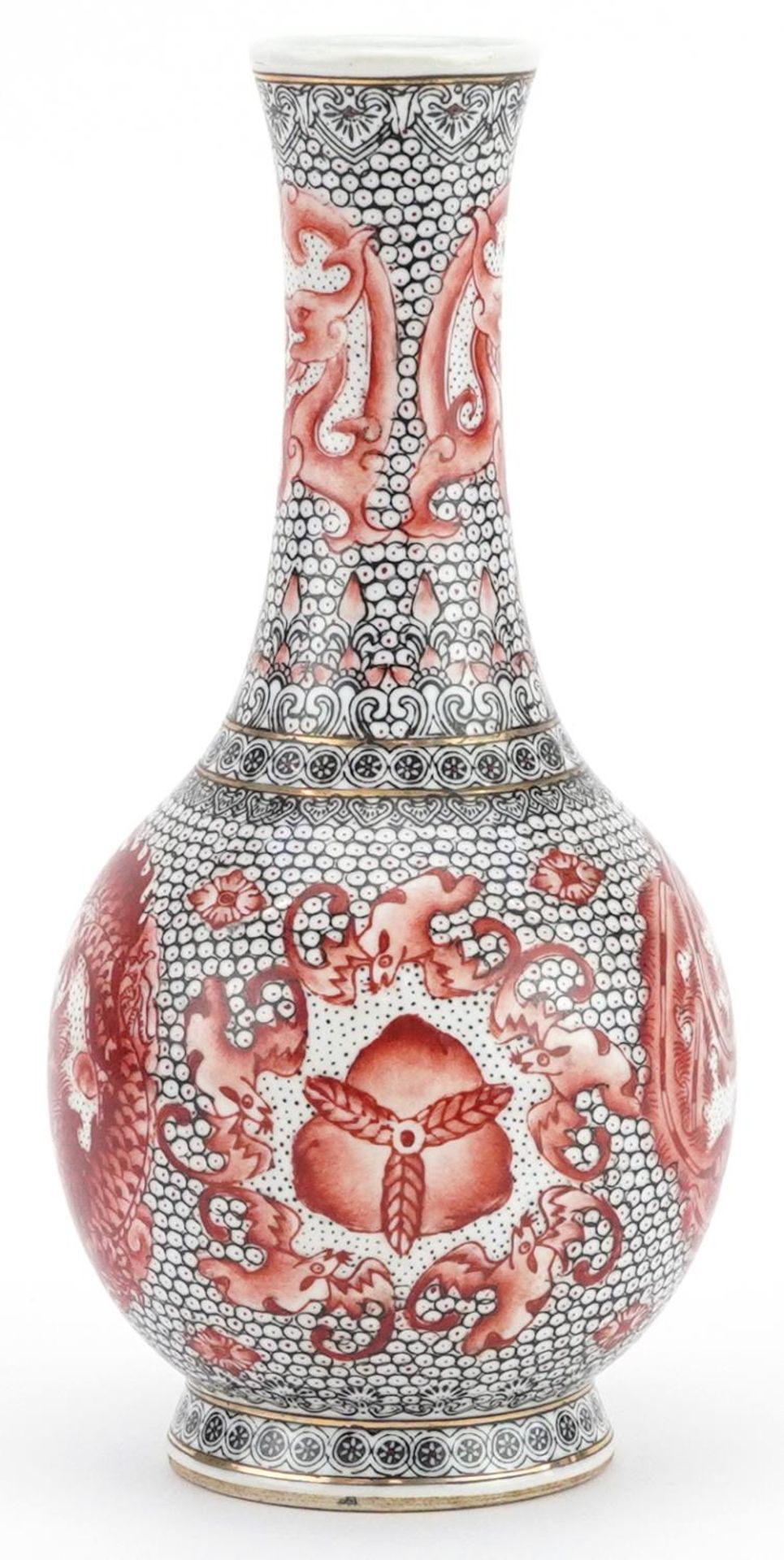 Chinese porcelain vase hand painted in iron red with roundels of a phoenix and dragons, six figure - Image 2 of 7