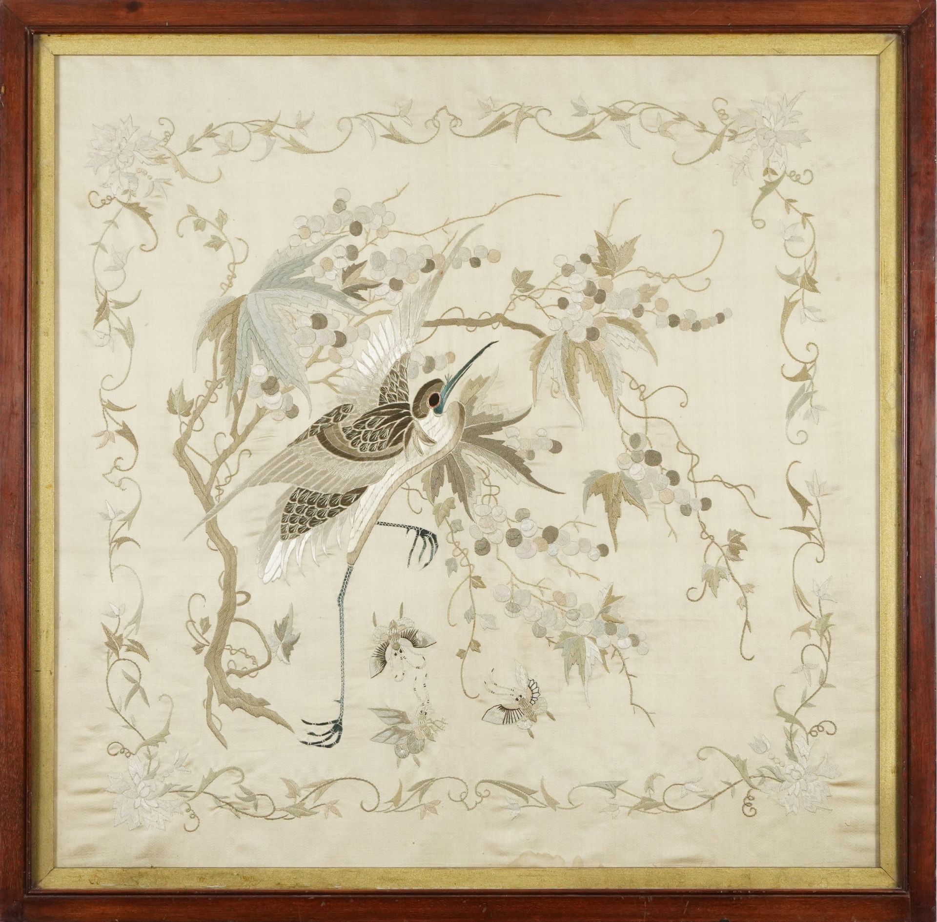 Oriental silkwork picture of an exotic bird, insects, flowers and berries housed in a mahogany frame - Image 2 of 4