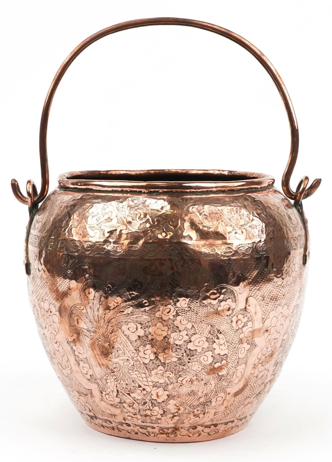 Indian copper hanging pot engraved with stylised flowers, 24cm high excluding the swing handle : For - Image 2 of 3