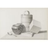 Still life vessels and spoon, early 20th century pencil on paper, mounted, framed and glazed, 70cm x