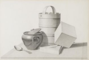 Still life vessels and spoon, early 20th century pencil on paper, mounted, framed and glazed, 70cm x