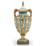 Continental porcelain vase and cover with twin handles hand painted with fruit and foliage, 22cm
