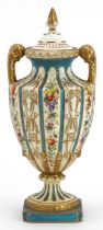 Continental porcelain vase and cover with twin handles hand painted with fruit and foliage, 22cm