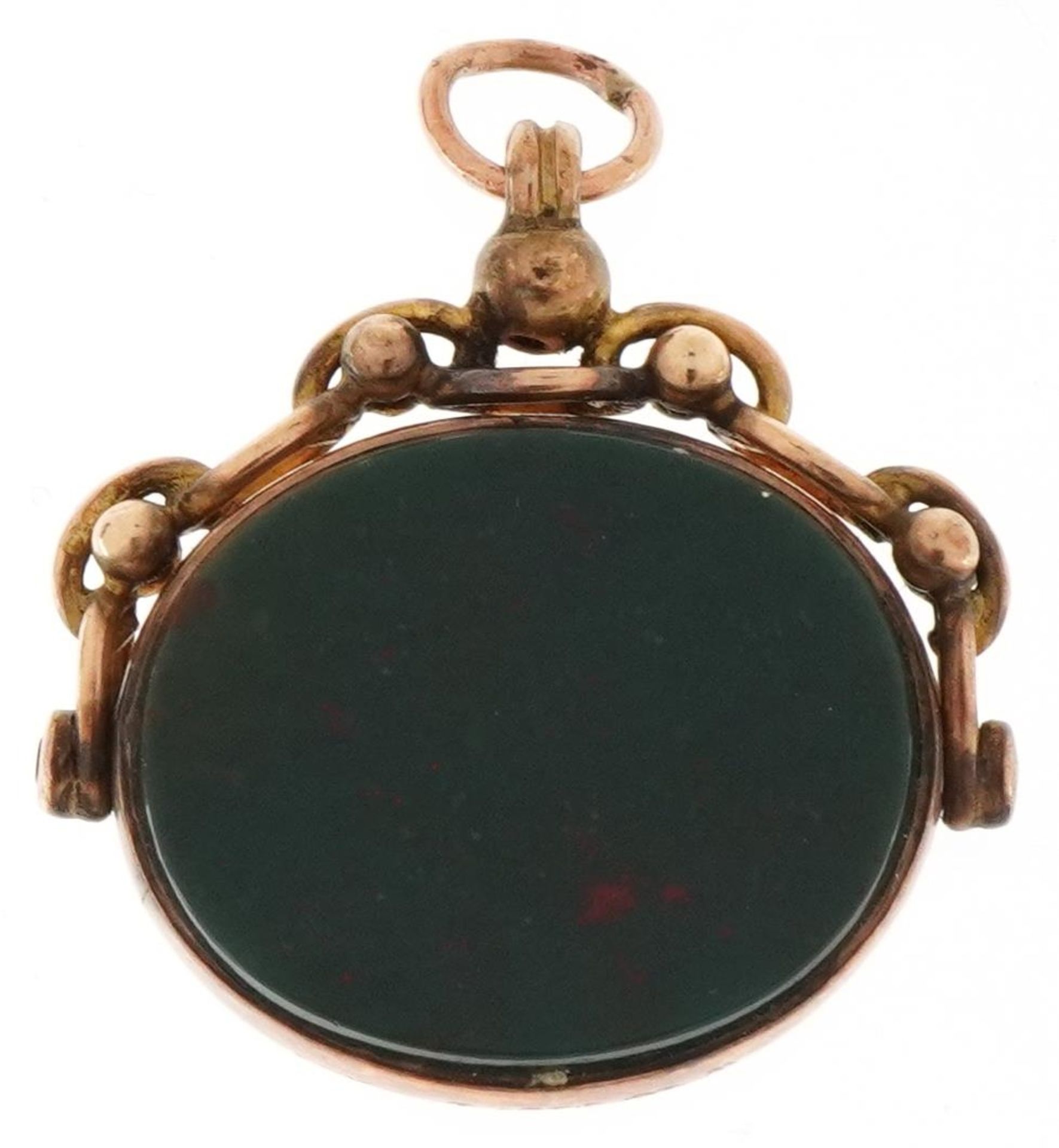 Victorian 9ct rose gold bloodstone and carnelian spinner fob, Birmingham 1892, 2.8cm wide, 8.4g :