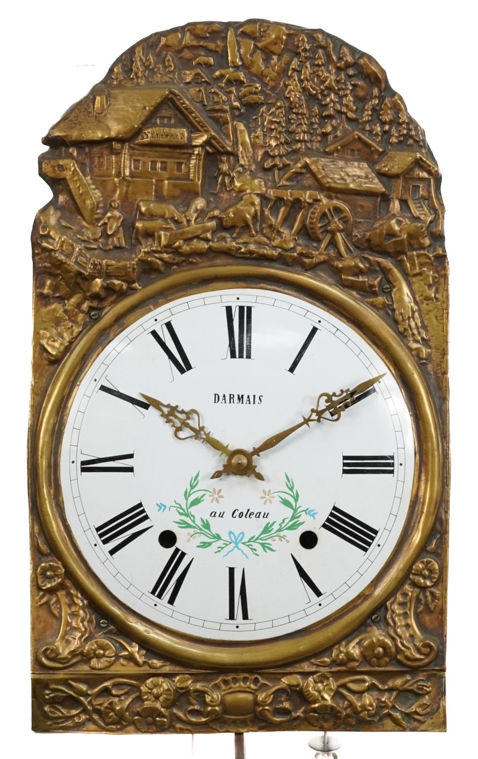 19th century French wall clock with embossed brass face and pendulum, the circular enamelled dial - Image 2 of 4