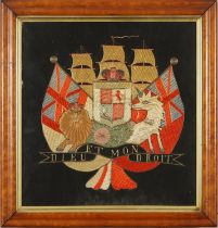 19th century sailor's woolwork picture in a burr walnut frame, Dieu et Mon Droit, 40cm x 38cm