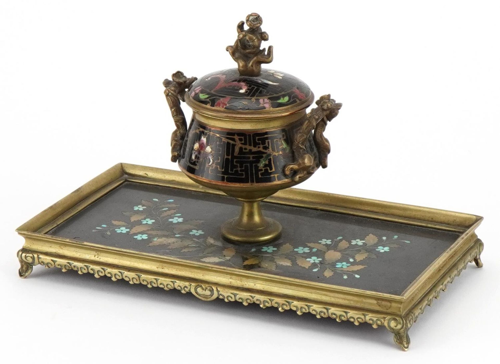 19th century ornate brass pietra dura and cloisonne desk inkwell with glass liner finely inlaid