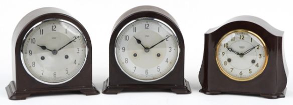 Three Art Deco Smiths Enfield brown Bakelite striking mantle clocks having Arabic numerals, the