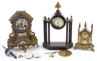 Three 19th century and later clocks including a Gothic style brass cased example and a gilt