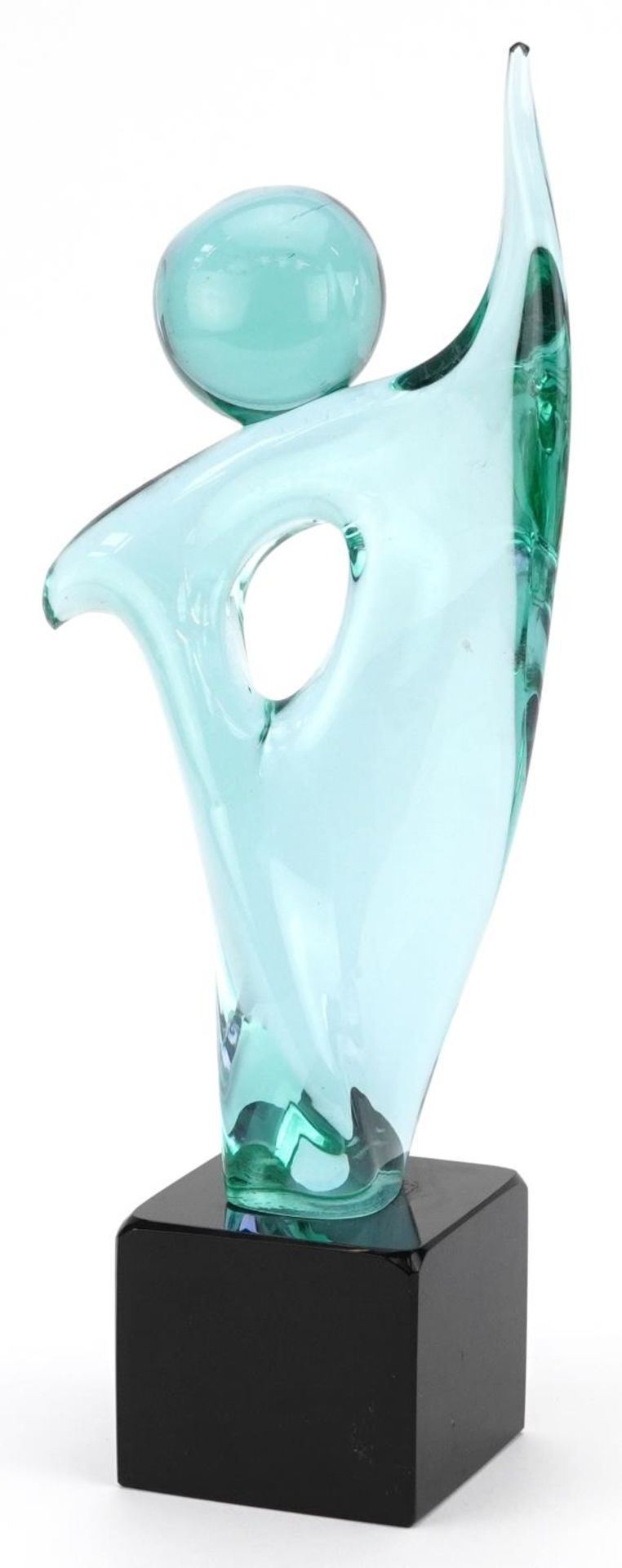 1970s Murano stylised glass figure on square block base with paper label, engraved marks to the