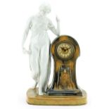 German Art Nouveau porcelain Old Father Time mantle clock with scantily dressed female, the circular