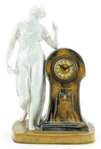 German Art Nouveau porcelain Old Father Time mantle clock with scantily dressed female, the circular