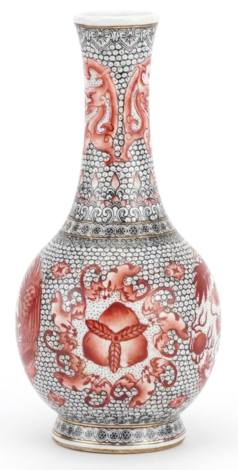 Chinese porcelain vase hand painted in iron red with roundels of a phoenix and dragons, six figure - Image 4 of 7