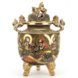 Large Japanese Satsuma pottery koro and cover hand painted with immortals, 43cm high : For further