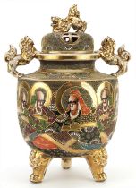 Large Japanese Satsuma pottery koro and cover hand painted with immortals, 43cm high : For further
