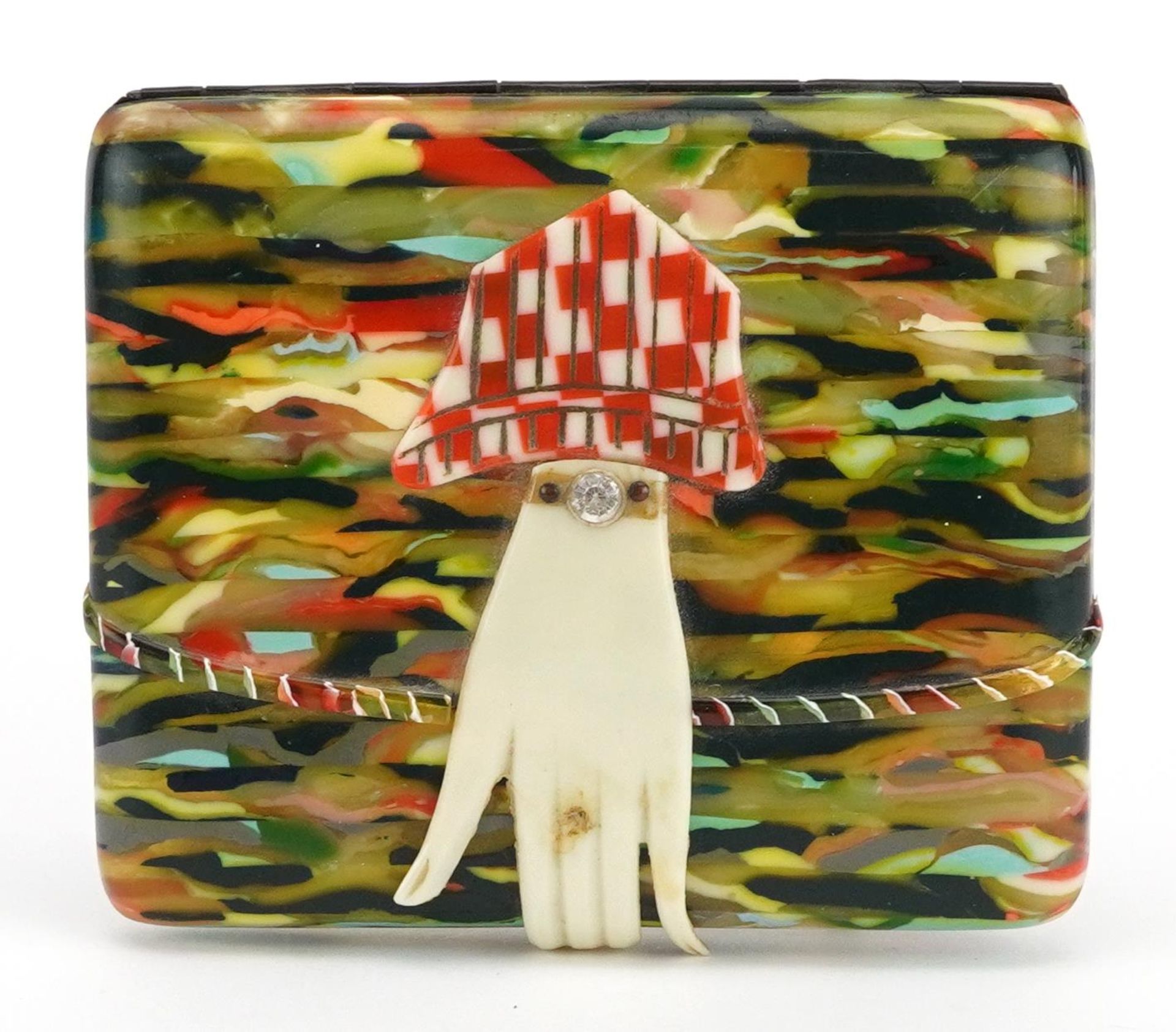 Art Deco celluloid cigarette case in the form of a purse with hand clasp, 8.5cm x 7cm : For