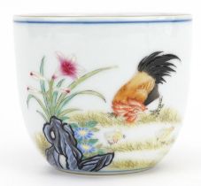 Chinese porcelain tea bowl hand painted with chickens amongst flowers in a landscape, six figure