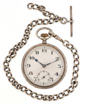 Gentlemen's silver open face pocket watch with subsidiary dial on a silver watch chain with T bar,