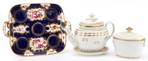 Early 19th century Coalport comprising cobalt blue ground twin handled inkstand, teapot on stand and