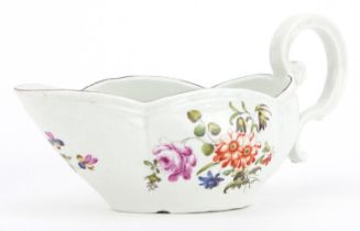 Mid 18th century Derby sauceboat, circa 1758, sparsely hand painted with flowers, Nicholas Panes