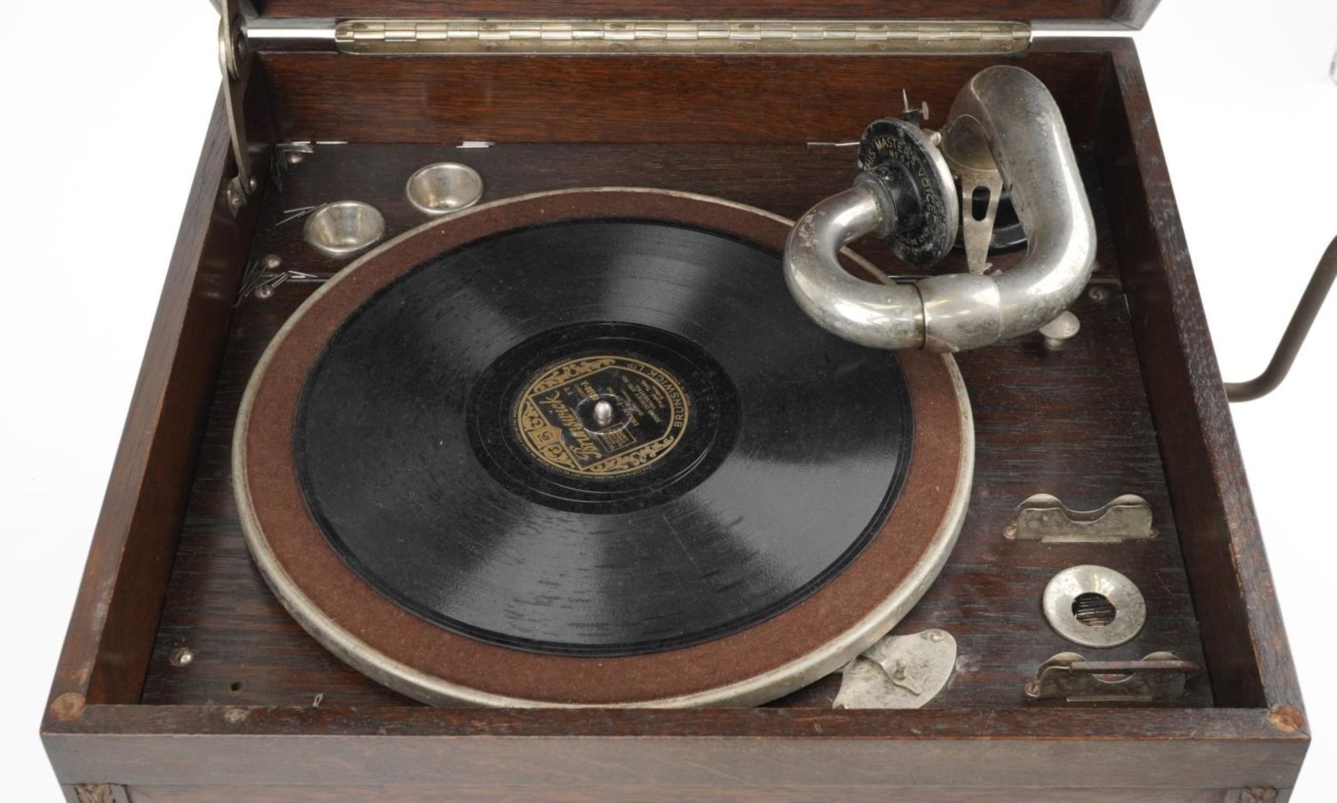 Early 20th century His Master's Voice oak cased wind-up gramophone, model 130A, 36.5cm H x 43cm W - Image 2 of 5