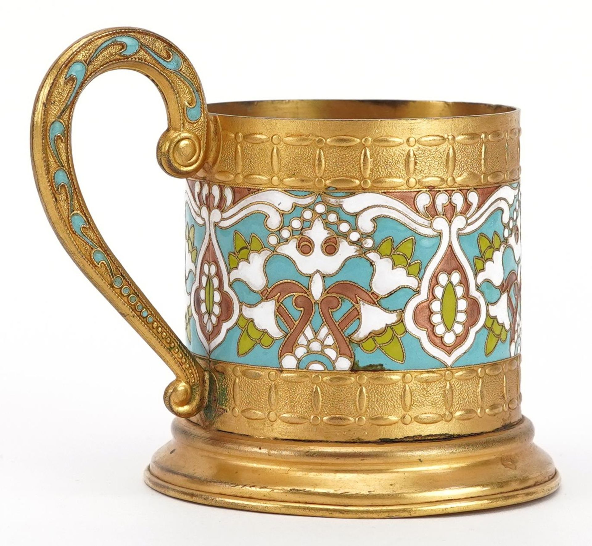 Russian gilt metal cup holder enamelled with flowers, 11cm in length : For further information on - Image 2 of 4